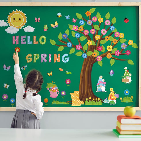 150 Pcs Spring Classroom Tree Bulletin Board Set Hello Spring Bulletin Board Decorations Flowers Green Leaves Woodland Cutouts Bulletin Board Stic...