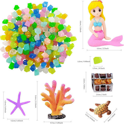 Fish Tank Aquarium Decoration Set, Mini 100pcs Glowing Pebbles Liminous Rocks, Teatle Mermaid Starfish Coral Treasure Chest Ornaments for Micro La...