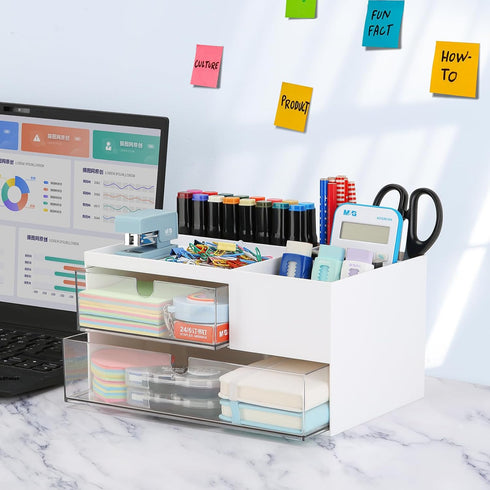 LETURE Office Desk Organizer with 2 Drawers and 4 Compartments, Plastic Desktop Stationary Organizer Storage, Pen/Pencil/Business Card/Sticky Note...