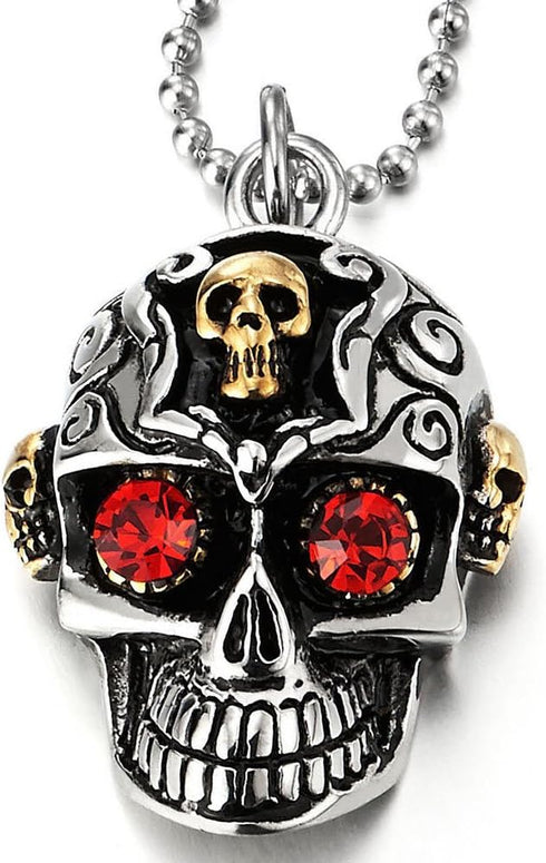 COOLSTEELANDBEYOND Vintage Steel Silver Gold Sugar Skull Pendant Necklace Mens with Red Cubic Zirconia, 23.6 in Chain...