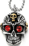 COOLSTEELANDBEYOND Vintage Steel Silver Gold Sugar Skull Pendant Necklace Mens with Red Cubic Zirconia, 23.6 in Chain...