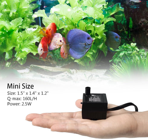 Mini Submersible Water Pump, Small Fountain Pump (2.5W 160L/H) for Aquarium Fish Tank, Tabletop Fountain, Pet Fountain, Hydroponics...