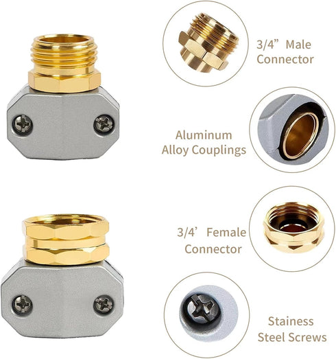 Garden Hose Repair Connector Fitting, Aluminum Female and Male With Zinc Clamp Water Hose End Repair Connector Fit 3/4 Inch or 5/8 Inch Garden Hos...