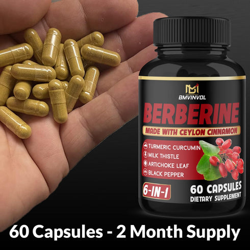 Berberine Supplement with Ceylon Cinnamon, Turmeric, Artichoke, Milk Thistle - Berberine HCl Supplement Pills - 60 Capsules...