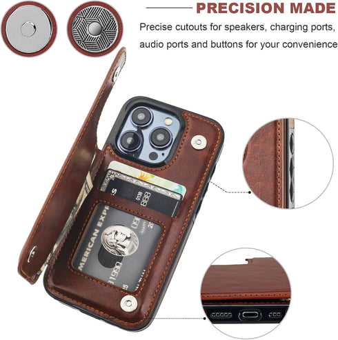 Compatible with iPhone 15 Pro Wallet Case with Card Holder, PU Leather Kickstand Card Slots Case, Double Magnetic Clasp and Durable Shockproof Cov...