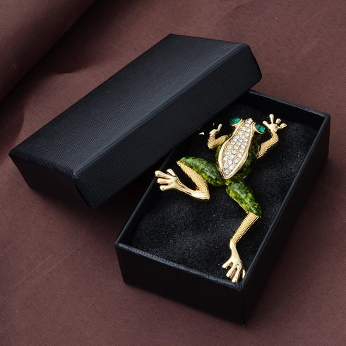 Vintage Gold Tone Crystal Green Enamel Frog Brooch Pin Lucky Symbol Animal Pin...