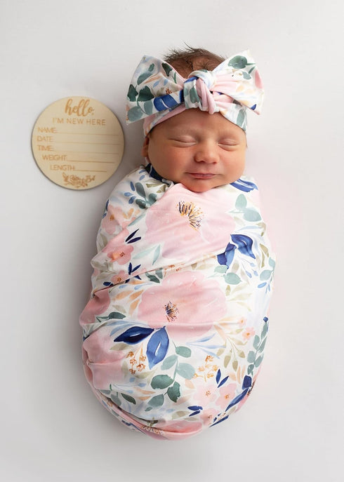 Baby Receiving Blanket Swaddle Blanket Infant Wrap with Matching Headband Beanie and Name Card (Pink and Purple)...
