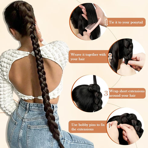 Long Braided Ponytail Extension with Hair Tie Dark Brown Straight Wrap Around Braid Ponytail Hair Extensions Natural Soft Synthetic Hair Piece for...
