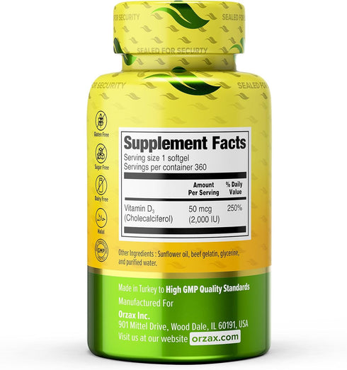 ORZAX Vitamin D3 2000 iu (50 mcg) - 1 Year Supply for Strong Muscle Function and Immune Support - Mood Supplement for Wellness (360 Softgel)...