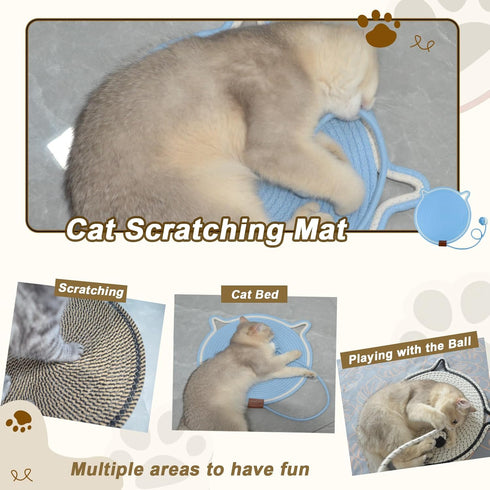 Cat Scratcher Mat, Natural Cotton Rope Round Horizontal Scratching Pads with Ball Toy, Cat Furniture Protector Scratch Pad for Indoor Cat Scratche...