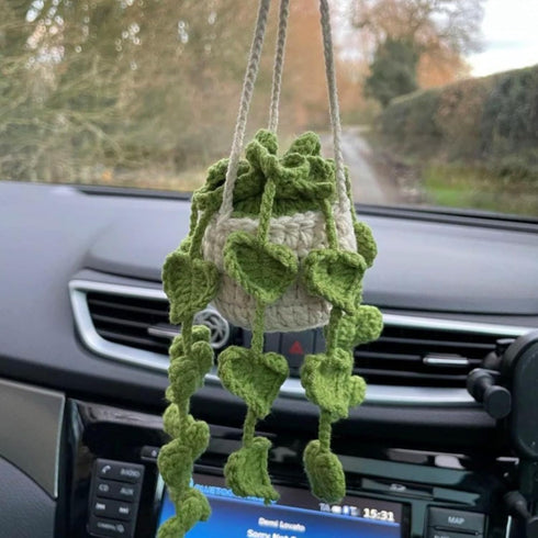 Crochet Car Accessories,Cute Potted Plants Crochet Car Mirror Hanging Accessories,Handmade Knitted Rearview Mirror Accessories Hanging Car Accesso...