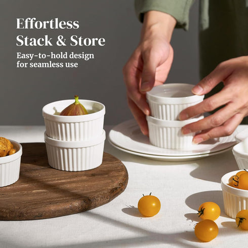 DOWAN Ramekins 4 oz Oven Safe for Creme Brulee Souffle, Porcelain Custard Cups Ramiken for Baking, Classic Style Ramekins Bowls, Set of 6, White...