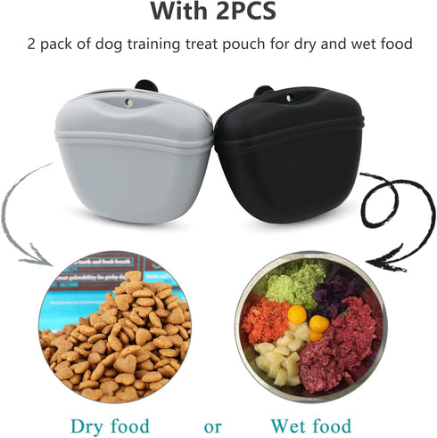 Dog Treat Pouch 2 pack, Dog Treat Training Pouch, Silicone Pet Treat Bag BPA Free/Clip/Magnetic Dog Walk (grey & black)...