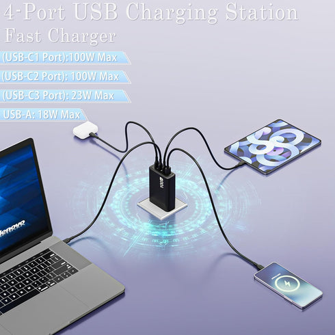 100W USB C Charger, 4 Port GaN Charging Station Fast Compact Wall Charger for Mac Book Pro/Air, iPad, iPhone 15 14 13 Pro Max, Pixel, Dell XPS, Ga...