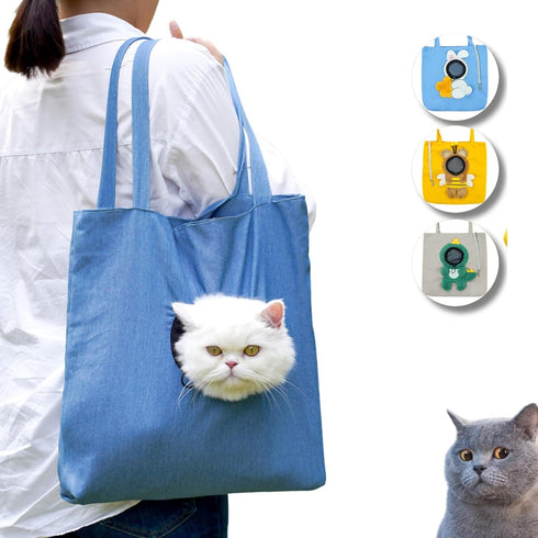 Cat Out Bag, Cute Cozy Cartoon Hands Free Show Head Cat Sling Carrier, Cat Restrainer Shoulder Bag for Outdoor Travel (Denim, Medium)...