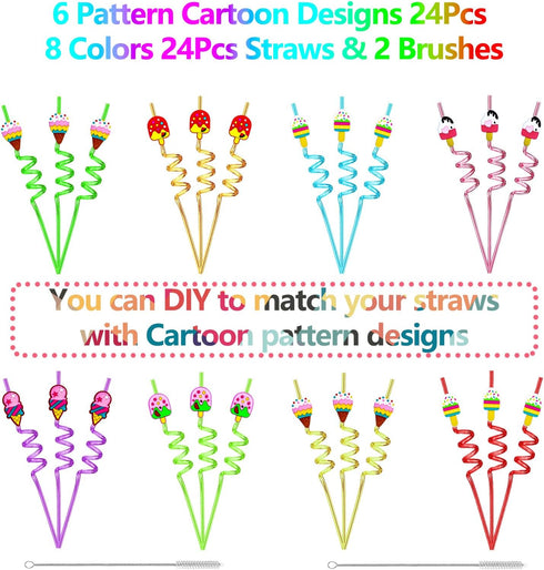 24PCS Ice Cream Drinking Straws Reusable for Kids Ice Cream Theme Birthday Party Favors Supplies Decorations with 2 PCS Cleaning Brushes (Ice Crea...