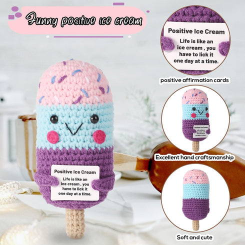 Funny Positive Ice Lolly, Crochet Ice Cream Cute Knitted ICY Pole Toy with Encouraging Card Smiling Emotional Support Potato Doll Handmade Positiv...