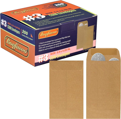 200 Pack #3 Kraft coin envelope 2.5 x 4.25 inches Kraft Envelopes Classic Small Parts Envelopes with Self Adhesive Gummed Flap for Coins Cash Cred...