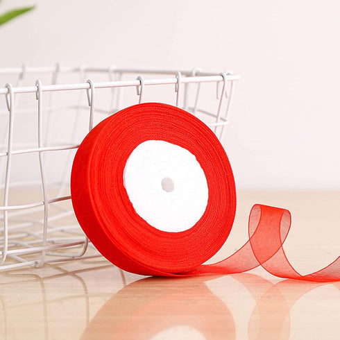 1 inch Red Organza Ribbon, 50 Yard Sheer Chiffon Ribbon for Gift Wrapping, Transparent Wired Tulle Ribbon for Holiday Presents, Birthday Cards, We...