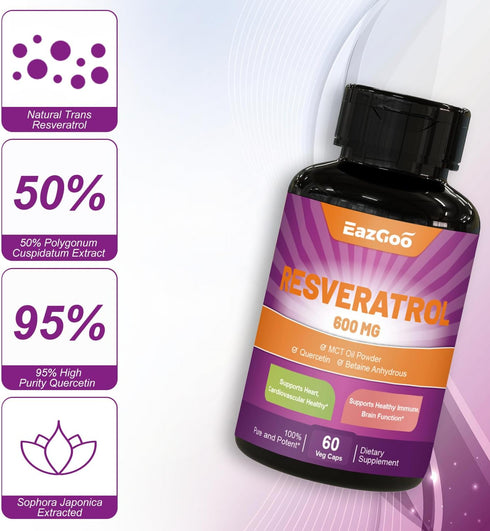 Resveratrol 600 mg, Trans-Resveratrol Supplement, Antioxidant Health Aging Support...
