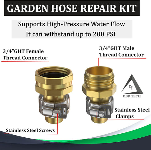 Heavy Duty Hose Repair Kit, Male Female Water Hose Repair End, Solid Metal Replacement Fittings, Fix Kit with Clamps Fit for 3/4" and 5/8" Gardeni...