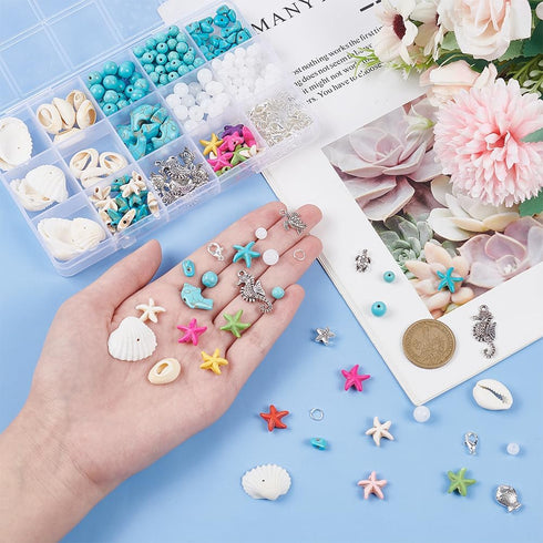PH PandaHall 406pcs Ocean Jewelry Making Kit Starfish Seashell Beads Synthetic Turquoise Beads Tortoise Fish Beads Cowrie Shell Beads for Summer B...