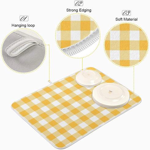 Qilmy Yellow Checked Dish Drying Mat for Kitchen Countertop, Absorbent Dry Mats for Dishes Draining Pad-18" x 24"...