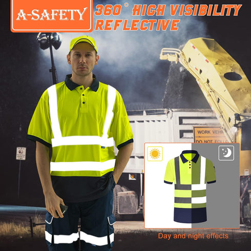 High Visibility Polo Shirt Short Sleeve Job Safety Reflective Gear Yellow M...