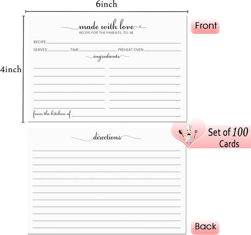 4x6 Recipe Cards for the Parents-To-Be, 100 Pack Double Sided Recipe Cards White Cardstock - Simple, Cute Made with Love Heart Design - For Bridal...