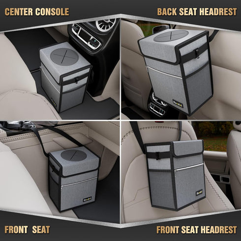 K KNODEL Car Trash Can with Lid, Leak-Proof Car Garbage Can with Storage Pockets, Waterproof Auto Garbage Bag Hanging for Headrest (Small, Gray)...