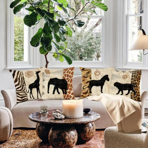 VENUSL Set of 4,African Animals,Giraffe,Elephant,Horse,Leopard with Zebra Pattern & Leopard Pattern Decorative Throw Pillow Covers,One-Side Printe...