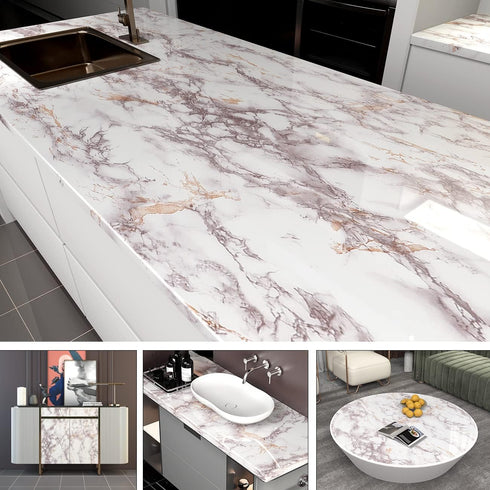 85" x15.8" White Brown Marble Contact Paper Glossy Marble Wallpaper Peel and Stick Countertops for Kitchen Bathroom Counter top Stick Paper Granit...