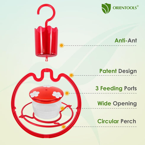 ORIENTOOLS Hummingbird Feeders for Outdoors Hanging 3.5oz Plastic Humming Birds Feeders with Ant Moat friendly to nature and Wild Birds with 3 Flo...