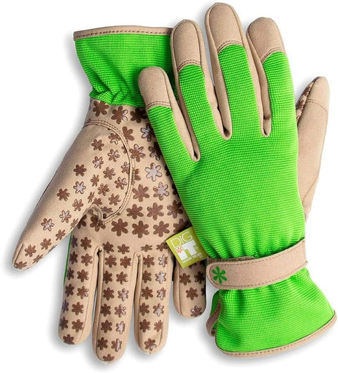 Dig It Handwear - Women's Nail and Fingertip Protector Gardening Gloves - XL - Green Tan...