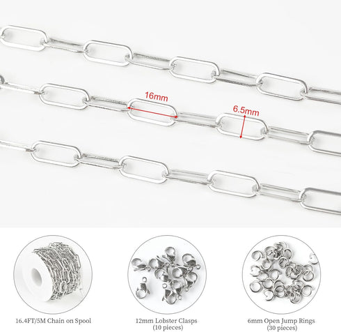 KYUNHOO Silver Jewelry Making Chain Roll Stainless Steel Paperclip Chains Bulk 5 Meters Long Craft Chain with Lobster Clasps Jump Rings for Men Wo...