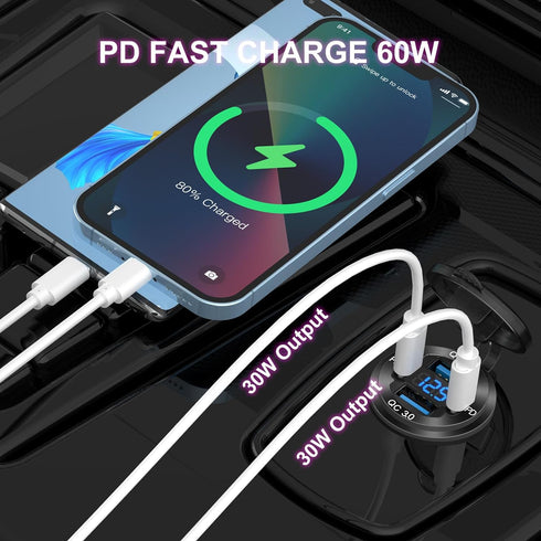 Upgraded 4 Port 12V USB Outlet Aluminum Charger, 78W Dual PD & QC Multiple USB Port for Car, USB C Cigarette Lighter Replacement 12 Volt Socket wi...