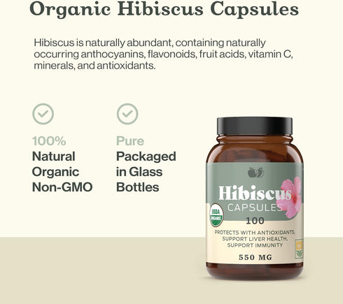 Complete Natural Products Organic Hibiscus Capsules - 100 Count, 550mg, Antioxidant & Herbal Hibiscus Flower Capsules...