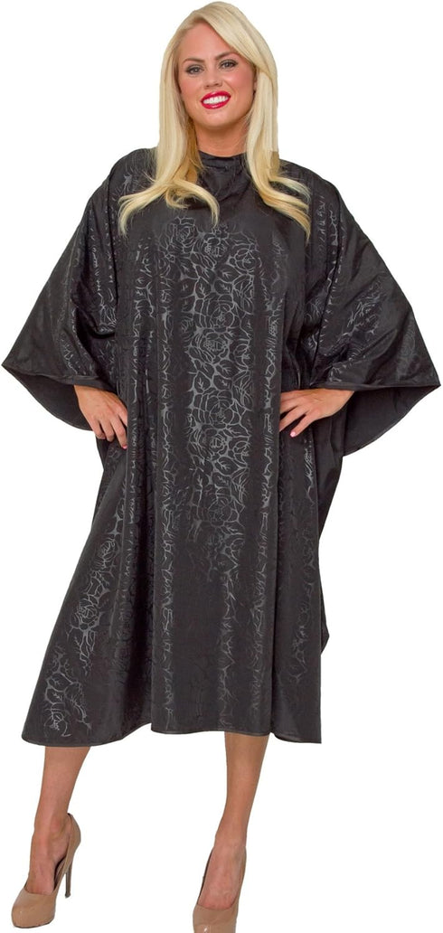 BLOOM CAPE Stylist Salon Cape Stain Bleach Water Resistant Silky Polyester Black on Black Etched Flower Print Snap Neck Closure...
