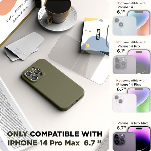 SURPHY Designed for iPhone 14 Pro Max Case with Screen Protector, (with Camera Protection + Soft Microfiber Lining) Liquid Silicone Phone Case, Kh...