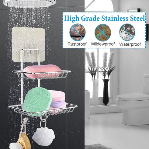 2 Tier Soap Dish with Hooks,Stainless Steel Bar Soap Holder for Shower Wall,Wall Mounted Soap Sponge Holder for Shower Caddy Bathroom Kitchen,Powe...