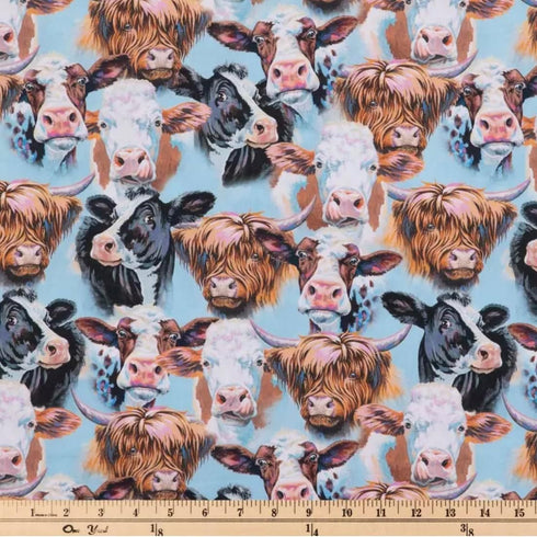 Cow Portrait Cotton Calico Fabric - Holstein, Hereford, Highland Cattle Precut Fabric by The Yard - One Yard...