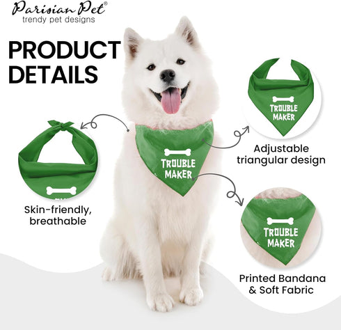 Parisian Pet Unisex Dog Bandanas Funny with Printed 'Trouble Maker' Word - Tie-On Adjustable Polyester Dog Scarf for Large Dogs - Washable Triangl...