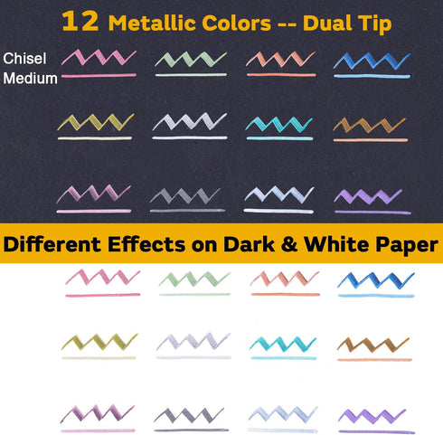 Calligraphy Metallic Marker Pens Dual Tip Chisel and Medium Point Pens for Black Paper, Rock Painting, Easter Egg, Halloween Pumpkin, Card Making,...