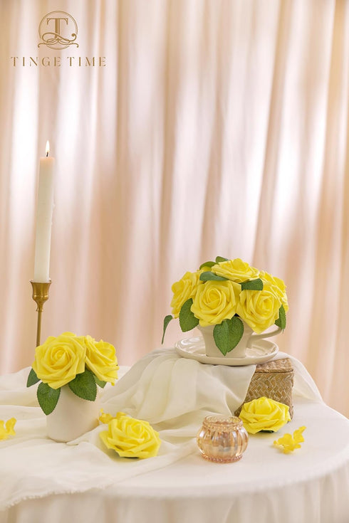 TINGE TIME Yellow Flowers Artificial Rose 25pcs Realistic Fake Roses for DIY Wedding Bouquet Baby Shower Centerpiece Floral Arrangement Party Home...