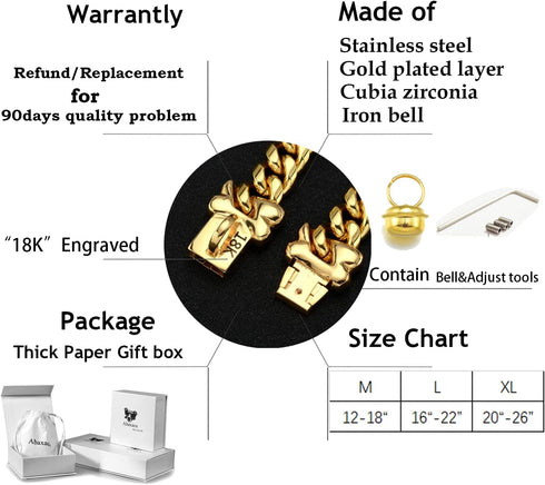 18K Engraved Dog Collar Gold Metal Stainless Steel with Bone Lock 14mm Gold Big Dog Luxury Training Collar Cuban Link Necklace Chain with Bell...
