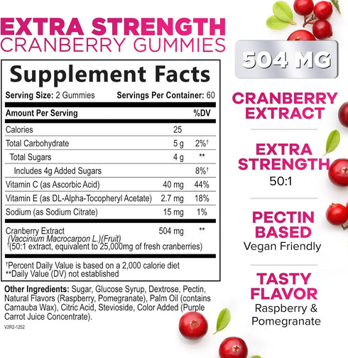 Cranberry Gummies - Urinary Tract Health Gummy + Vitamin C - 25,000mg - Triple Strength Cranberry Concentrate Extract Supplement Pills, Ultimate P...