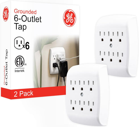 GE 6-Outlet Extender Wall Tap, 2 Pack, Grounded Adapter, Charging Station, 3-Prong, Secure Install, UL Listed, White, 46852...