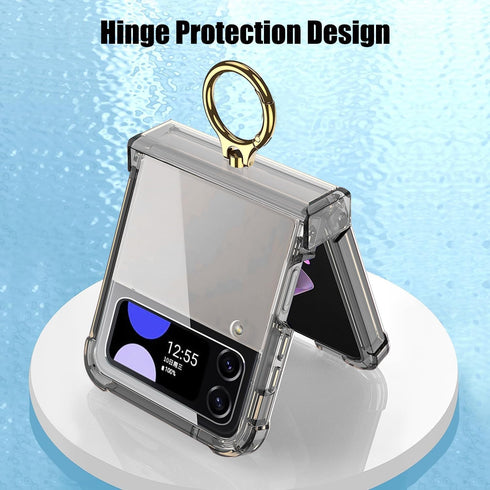 for Samsung Galaxy Z Flip 4 Clear Case with Ring Holder and Hinge Protection,Compatible with Wireless Charger,Slim Fit Transparent Hard PC Shockpr...