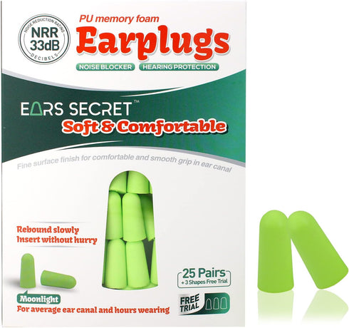 EARS SECRET Foam Ear Plugs for Sleeping, 25+3 Pairs Earplugs 38dB Comfortable Ear Plugs for Sleeping Noise Cancelling, Travel, Snoring, Concert, L...