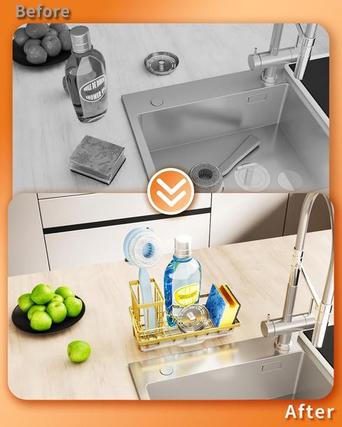 SWTYMIKI Sink Caddy Kitchen Sink Organizer with Detachable Brush Holder, Stainless Steel Sink Sponge Holder with Removable Drip Tray Sponge Caddy ...